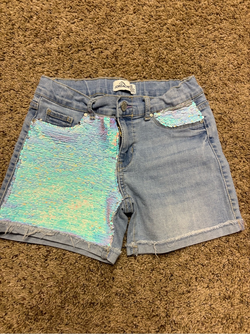 Jordanche Light Wash Denim Shorts with Iridescent Sequin Panels